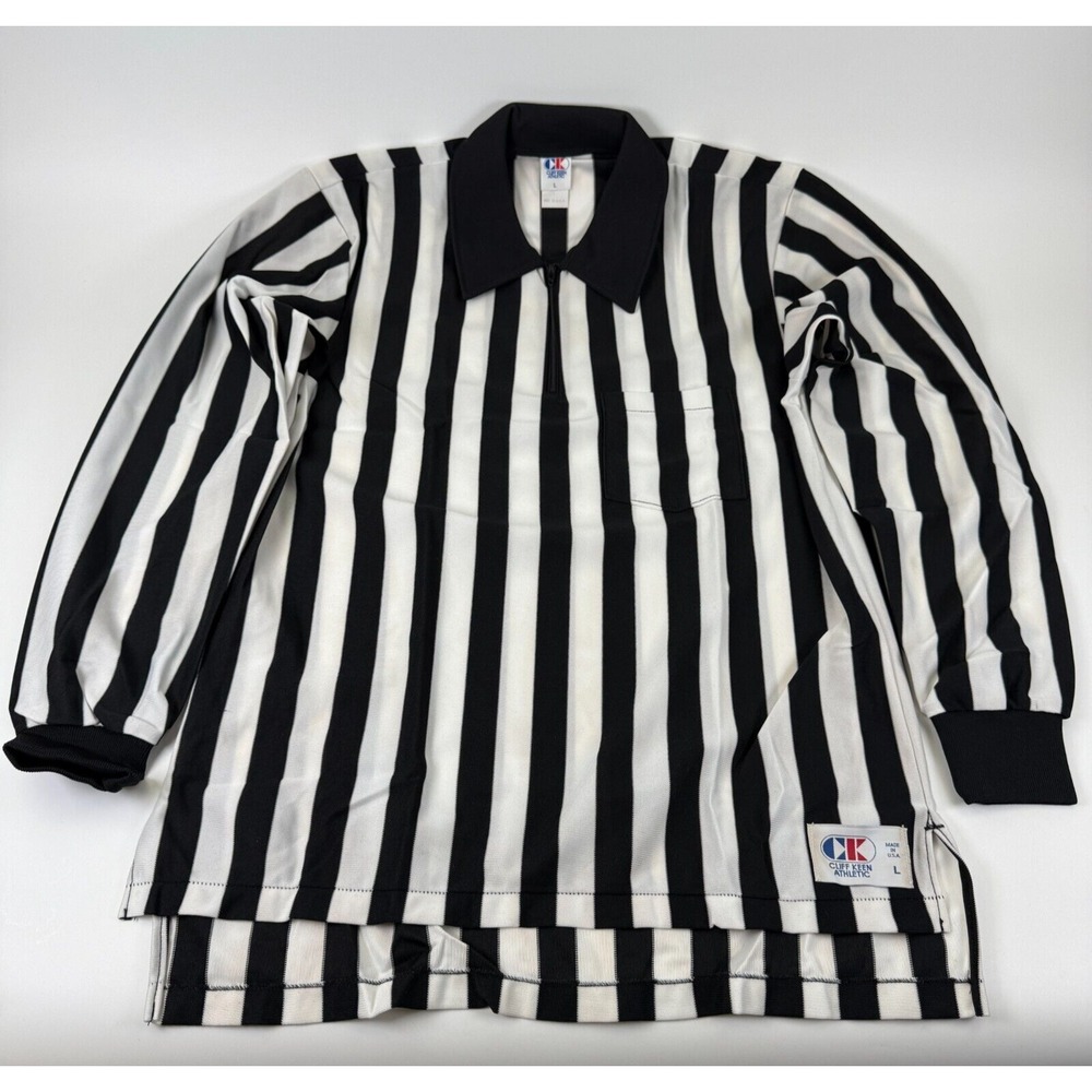 Vintage Cliff Keen Referee Long Sleeve Polo Men L Black White Stripe Pocket NOS